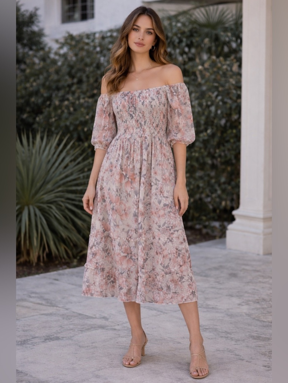 42- Costa balance floral midi dress - off the shoulder sheer sleeves size medium